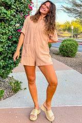 Almond Ribbed Button Down Romper