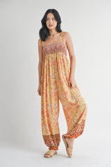 Yellow Floral Border Print Smocked Shoulder Tie Maternity Jumpsuit