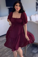Burgundy Ruffle Hem  Ruched Mini Dress