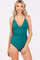Teal Ribbed V-Neck Ruched Criss Cross Low Back One Piece Swimsuit