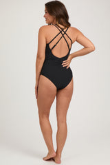 Black Ribbed V-Neck Ruched Criss Cross Low Back Maternity One Piece Swimsuit