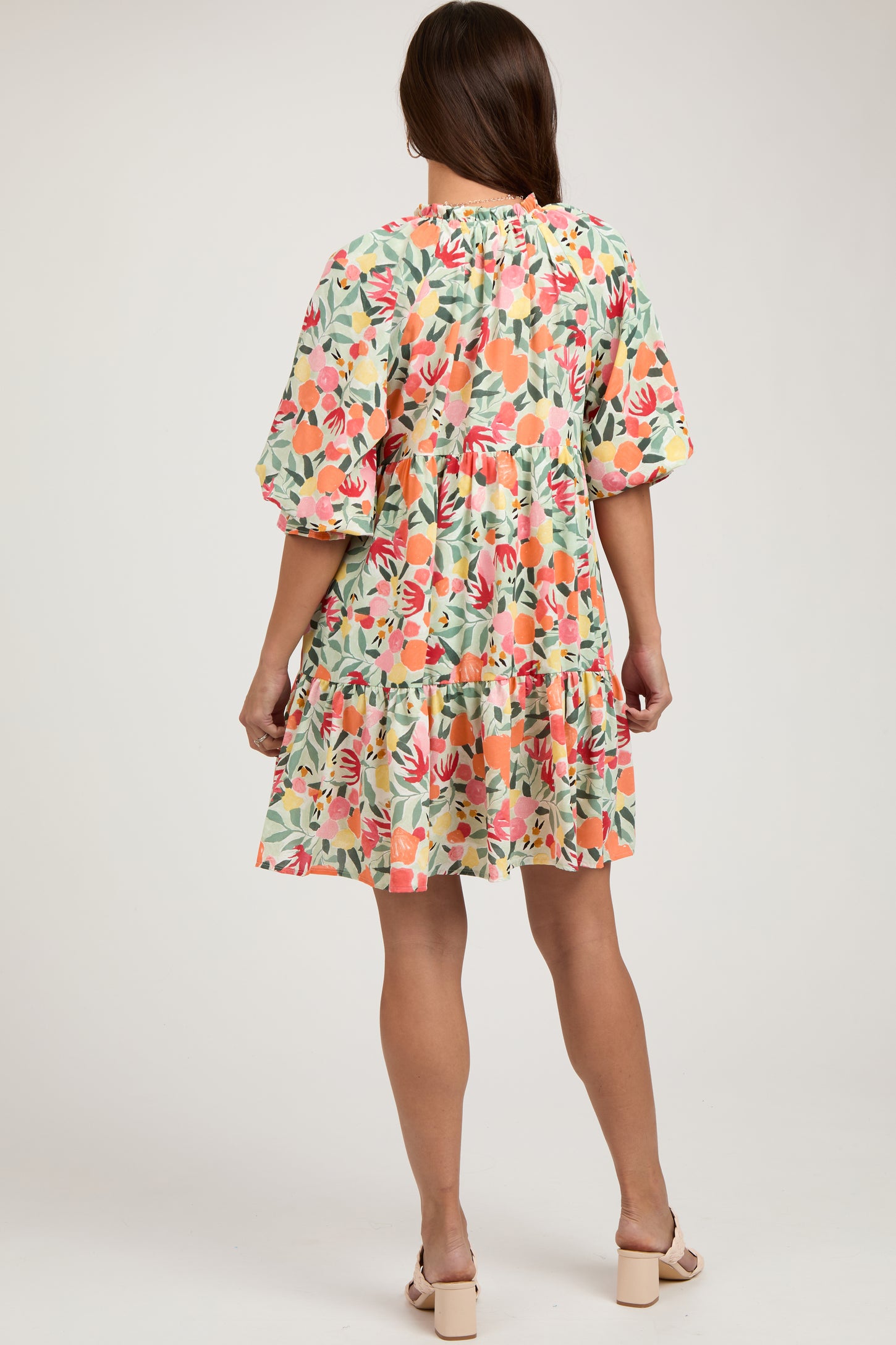 Peach Fruit Print Long Sleeve Tiered Maternity Dress