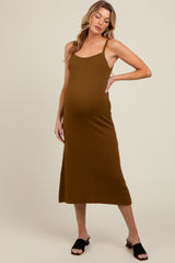 Olive Square Neck Ribbed Sleeveless Maternity Midi Dress
