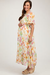 Ivory Floral Ruffle Accent Maternity Midi Dress