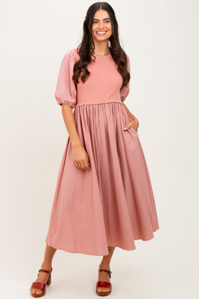 Peach Ribbed Bodice Puff Sleeve Maternity Midi Dress