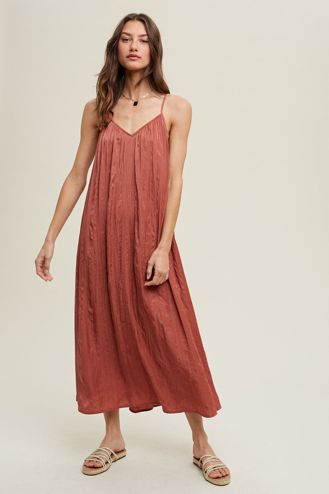 Rust Crinkle V-Neck Cross Back Maternity Midi Dress