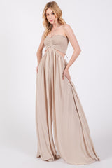 Cream Smocked Drawstring Halter Side Cutout Maternity Jumpsuit