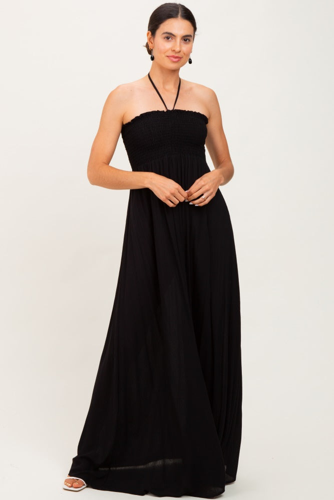 Black Smocked Halter Maxi Dress
