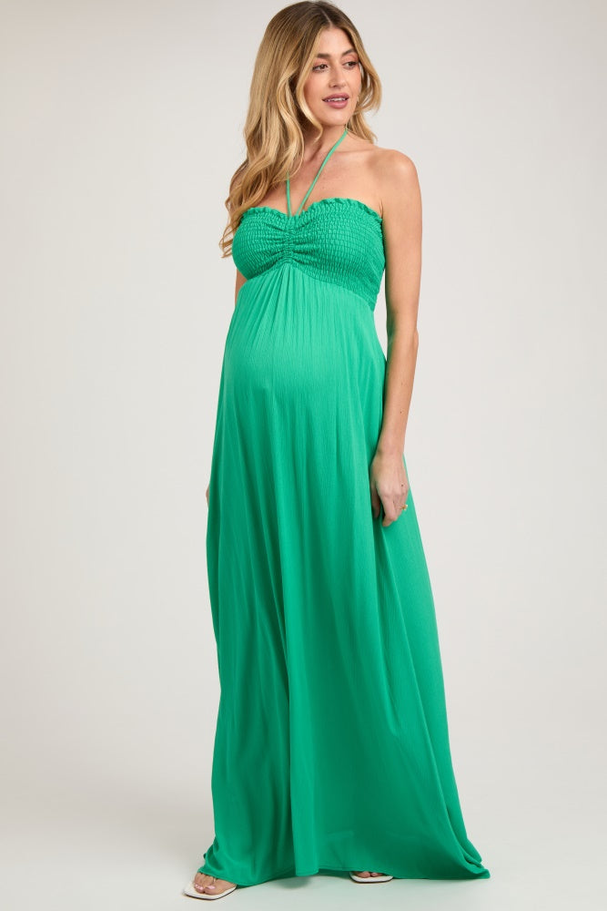 Green Smocked Halter Maternity Maxi Dress