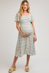 White Floral Square Neck Smocked Maternity Midi Dress