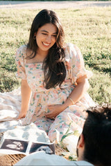 Ivory Floral Pleated Puff Sleeve Maternity Midi Dress