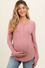Mauve Button Front Soft Knit Long Sleeve Henley Maternity Top