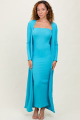 Aqua Ribbed Sleeveless Dress Cardigan Set