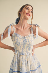 Light Blue Floral Sleeveless Ruffle Tiered Midi Dress