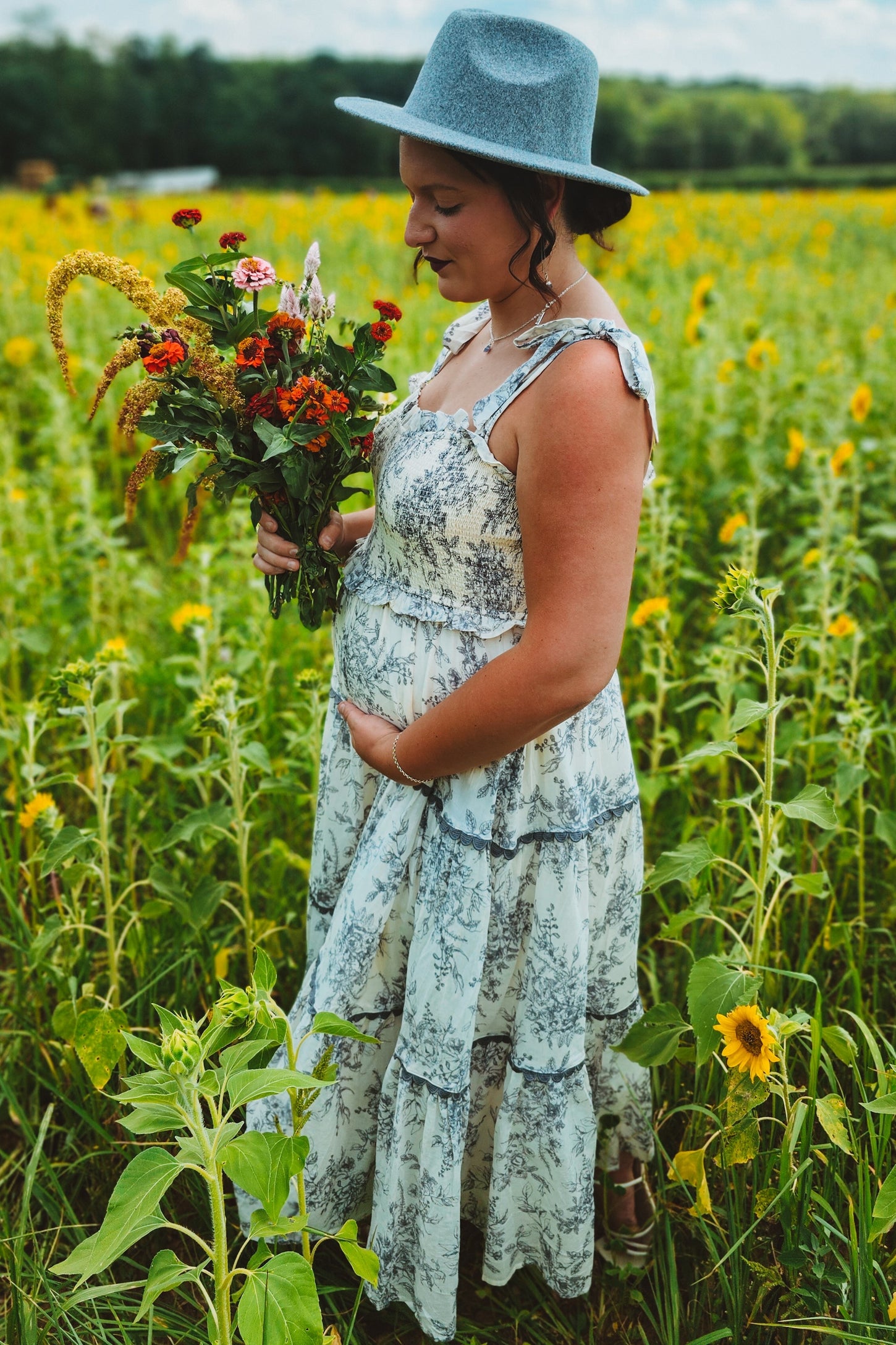 Charcoal Floral Sleeveless Ruffle Tiered Maternity Midi Dress