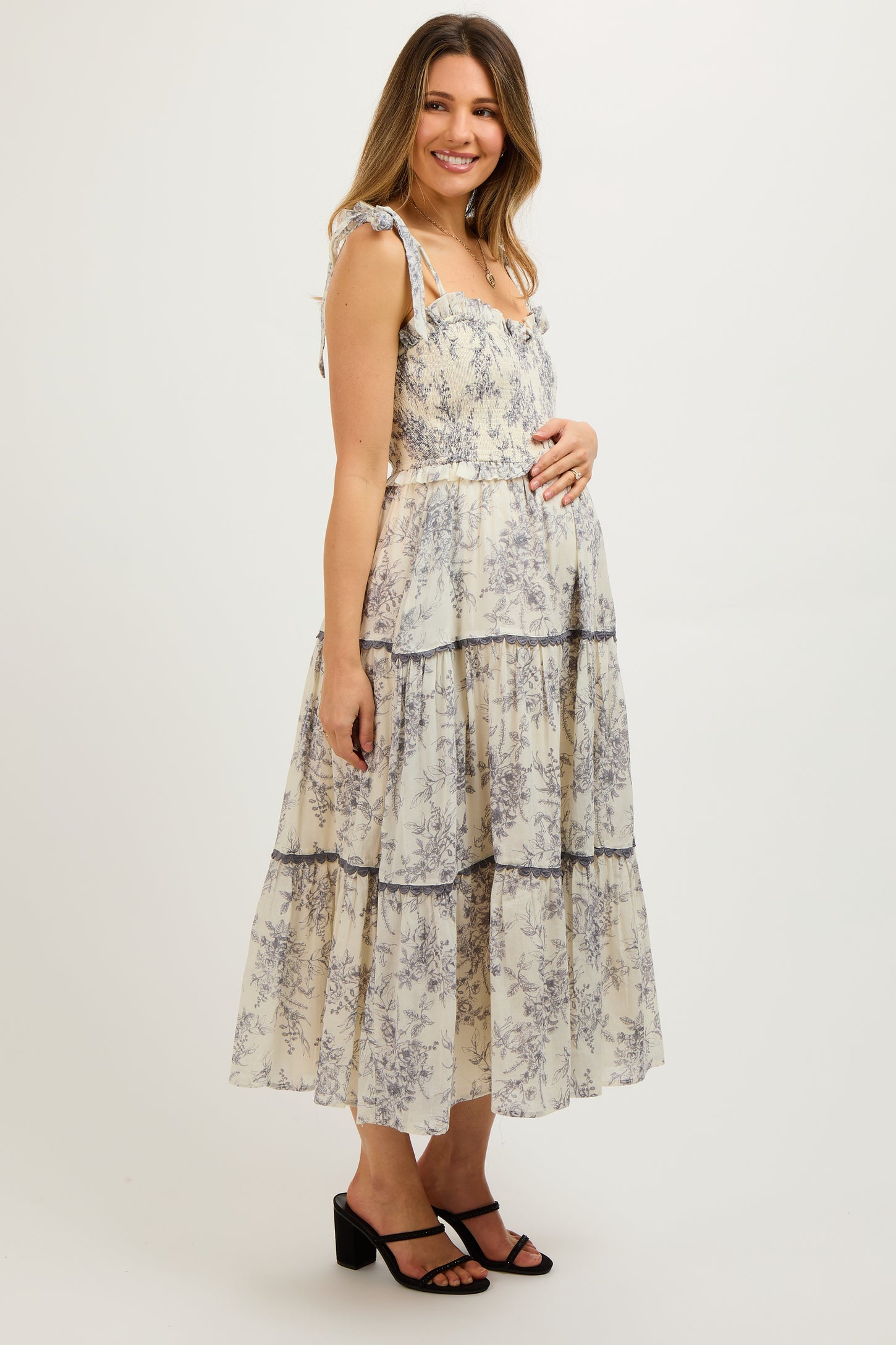Charcoal Floral Sleeveless Ruffle Tiered Maternity Midi Dress
