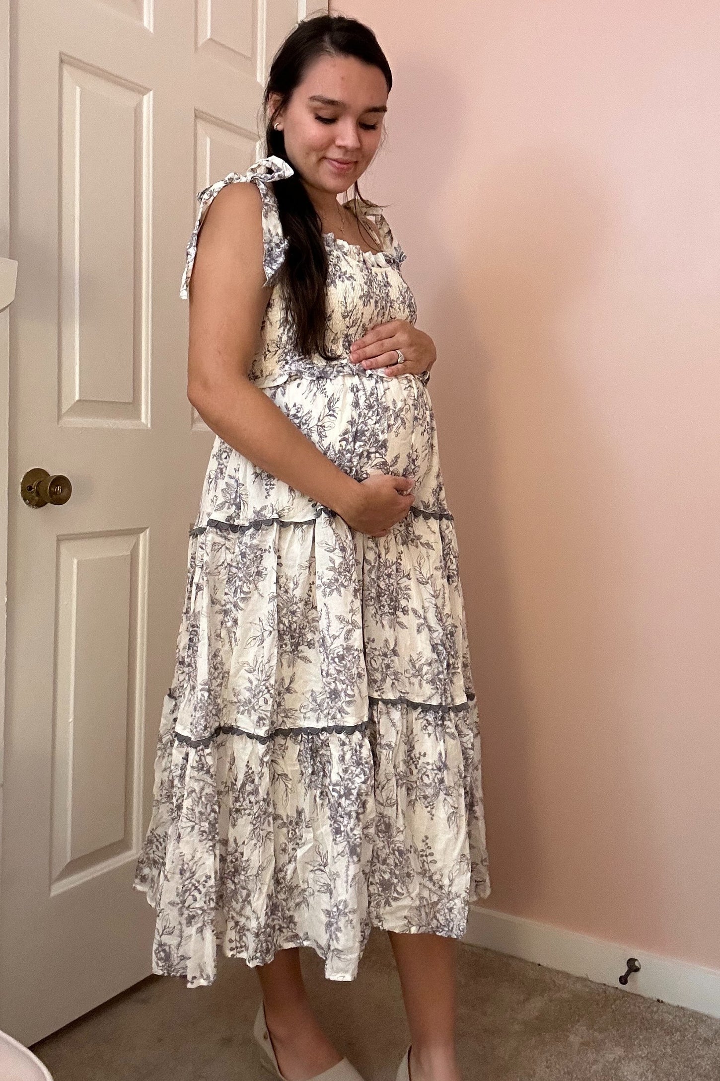 Charcoal Floral Sleeveless Ruffle Tiered Maternity Midi Dress