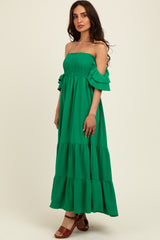 Kelly Green Solid Flared Sleeve Long Tiered Dress