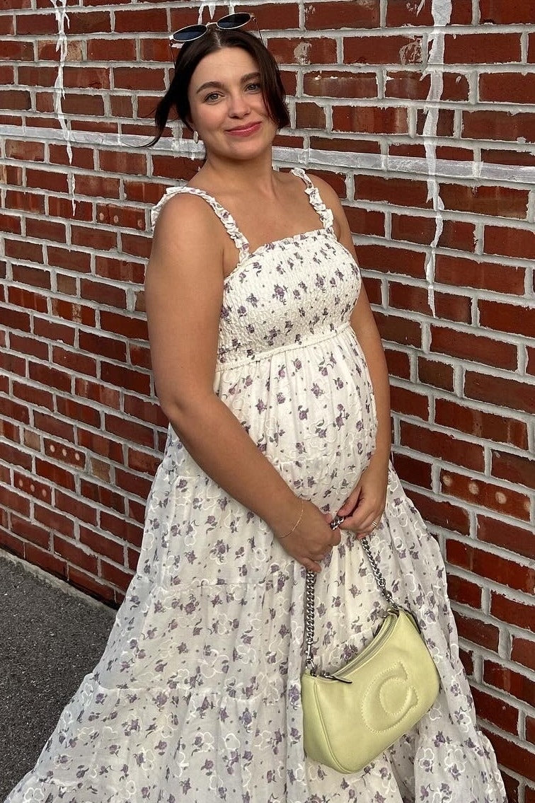 Ivory Smocked Embroidered Floral Maternity Maxi Dress