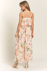 Peach Floral Ruffle Overlay Wide Leg Jumpsuit