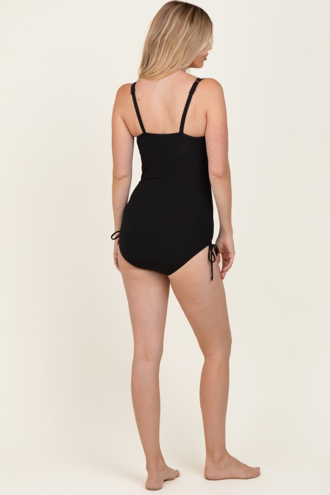 Black Ribbed Side Tie One Piece Swimsuit