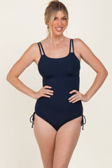 Navy Ribbed Side Tie Maternity One Piece Swimsuit