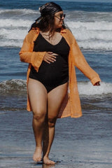 Black Ribbed Ruched Cutout Flutter One Piece Maternity Swimsuit