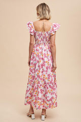 Pink Floral Smocked Ruffle Sleeve Maxi Dress