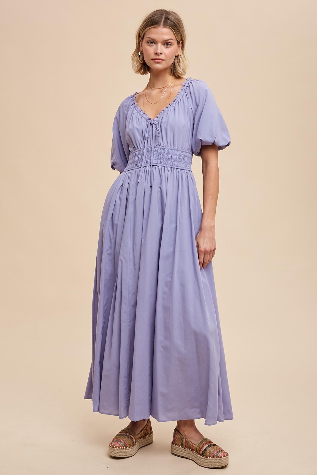 Lavender Smocked Puff Sleeve Maternity Maxi Dress
