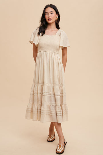 Cream Smocked Short Sleeve Midi Dress