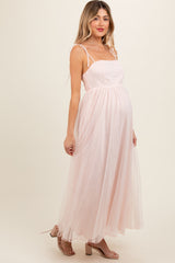 Light Pink Square Neck Shoulder Tie Tulle Maternity Maxi Dress