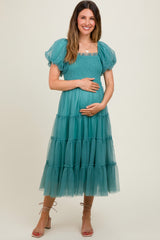 Teal Smocked Tiered Tulle Maternity Midi Dress