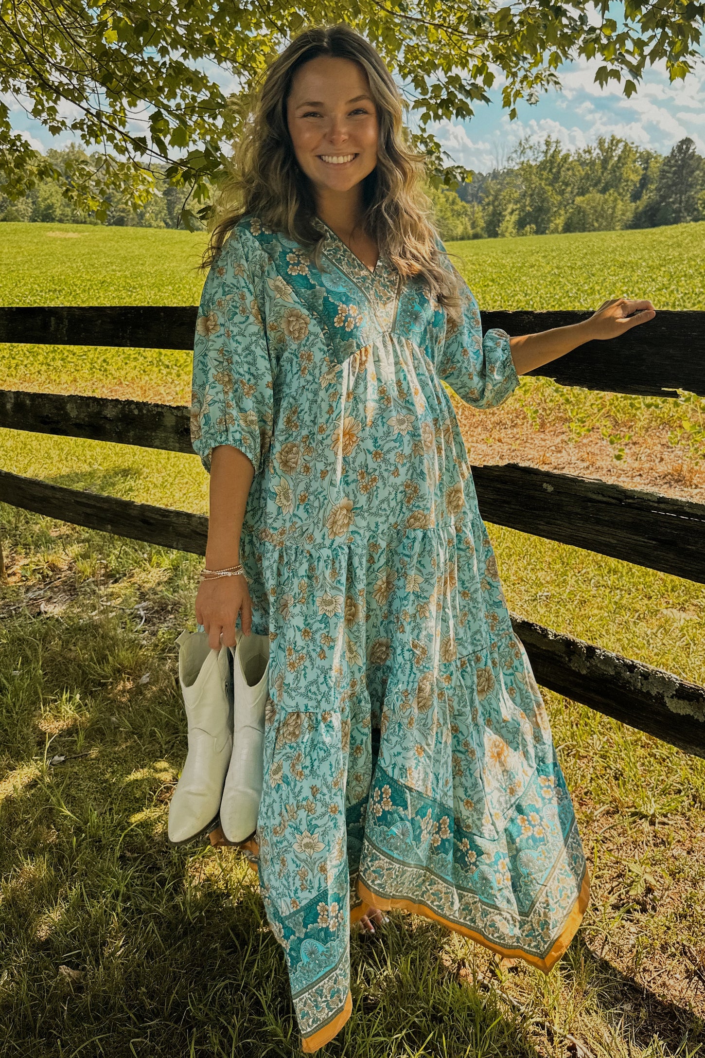 Aqua Floral Border Print V-Neck Tiered Maternity Midi Dress