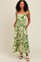 Green Tropical Floral Shoulder Tie Tiered Midi Dress