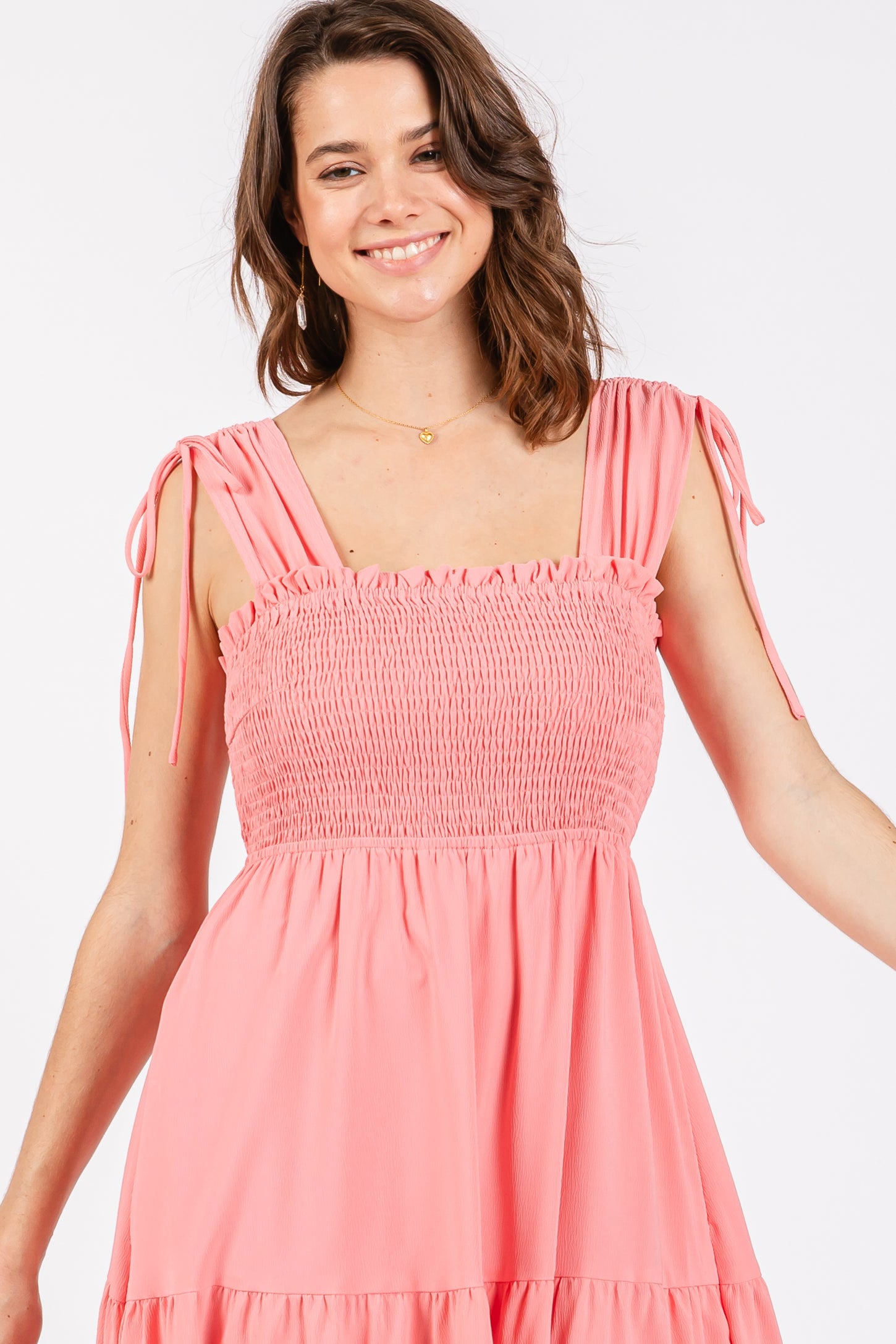 Coral Smocked Sleeveless Drawstring Shoulder Tiered Midi Dress