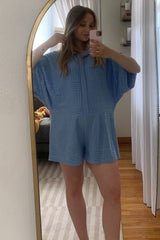 Light Blue Textured Button Front Short Sleeve Maternity Romper