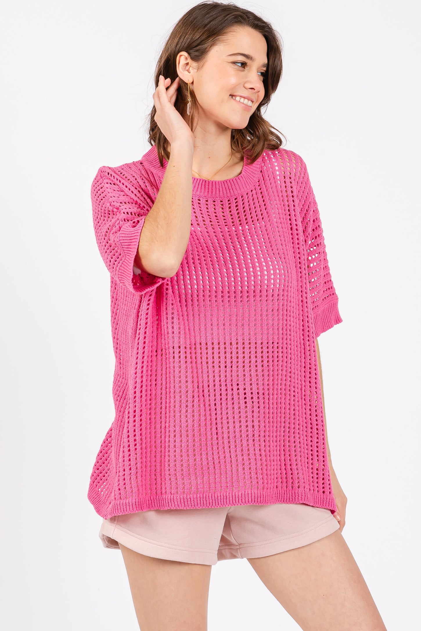 Fuchsia Crochet Knit Short Dolman Sleeve Maternity Top