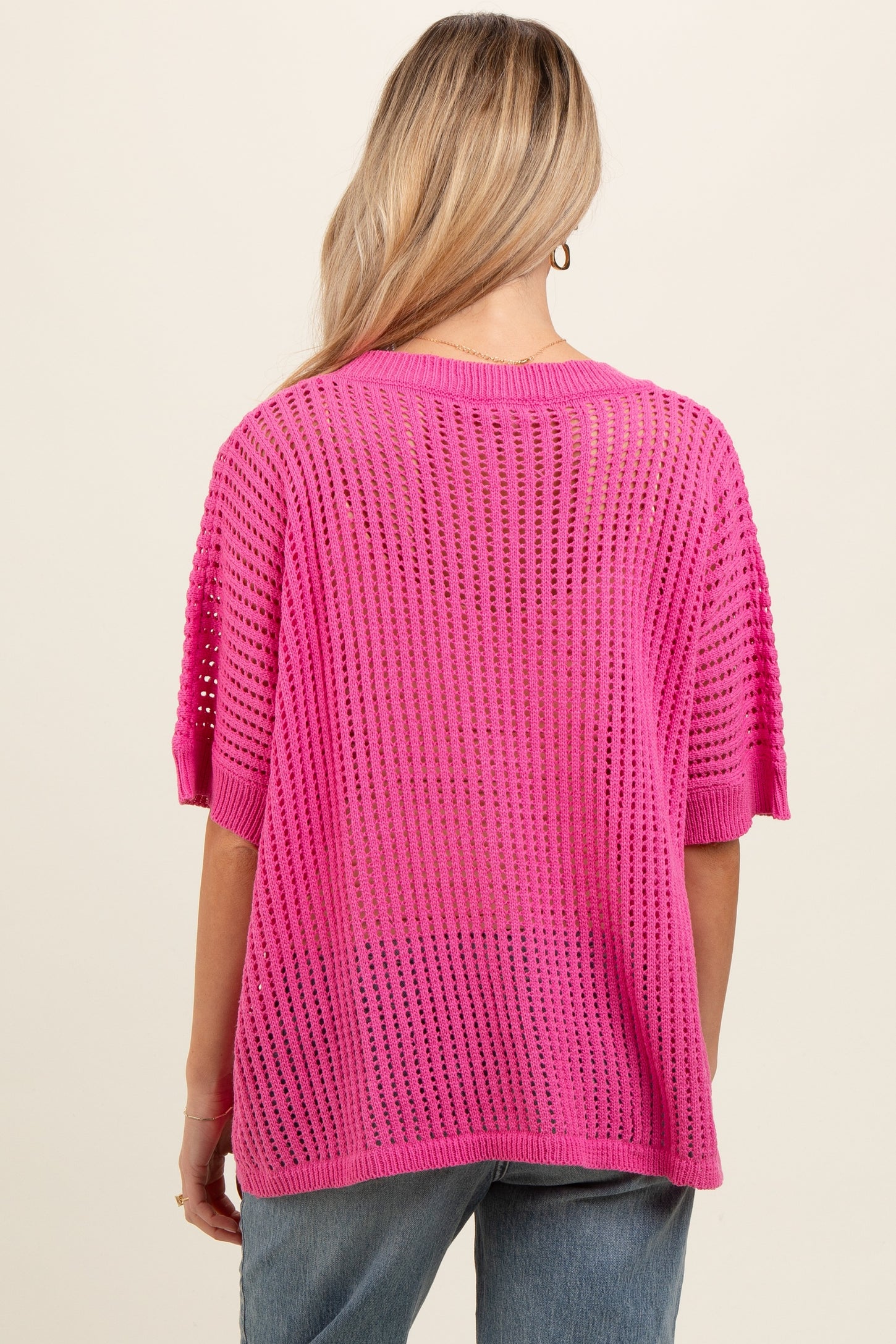 Fuchsia Crochet Knit Short Dolman Sleeve Maternity Top