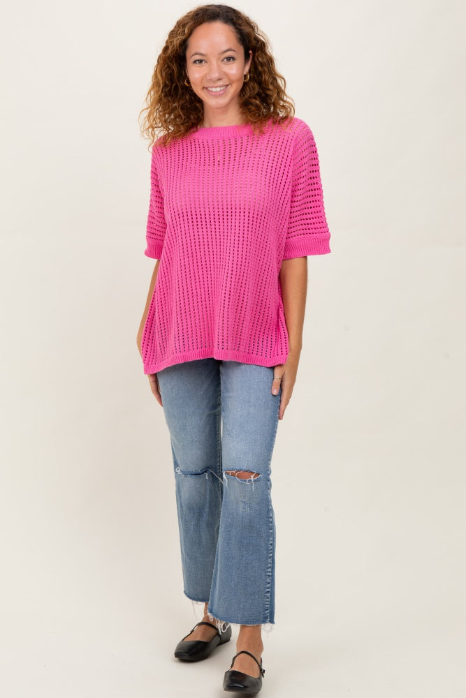 Fuchsia Crochet Knit Short Dolman Sleeve Top