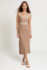 Taupe Ribbed Square Neck Side Slit Dress