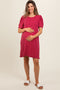 Burgundy Washed Ribbed Puff Sleeve Maternity Dress