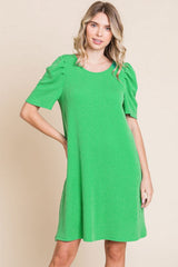 Green Washed Ribbed Puff Sleeve Maternity Dress