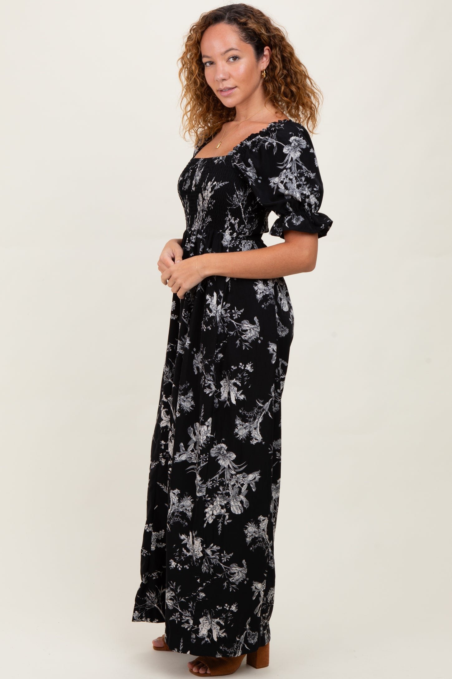 Black Floral Smocked Square Neck Wide Leg Jumpsuit