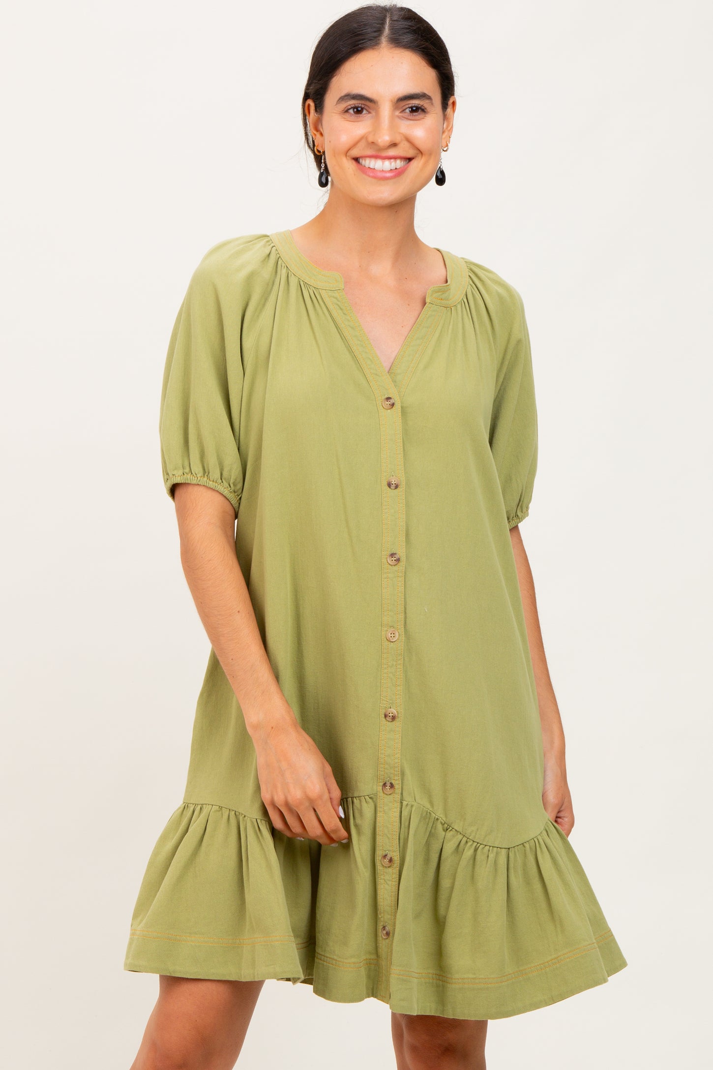 Light Olive Button Front Short Puff Sleeve Dress