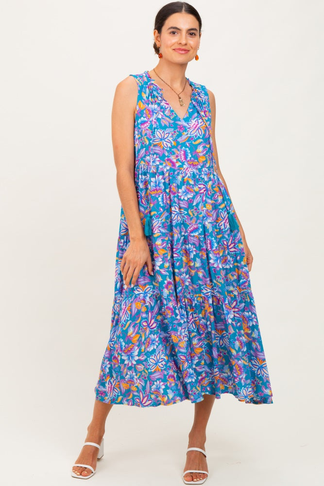Teal Floral Ruffle Mock Neck Tiered Sleeveless Midi Dress