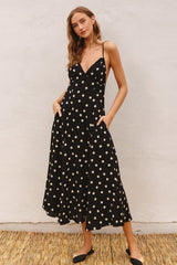 Black Polka Dot Lace Up Button Back Maternity Midi Dress