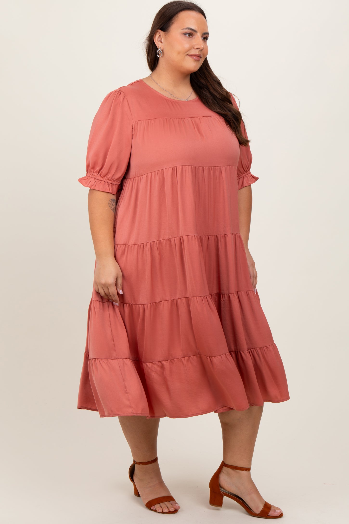 Salmon Satin Tiered Plus Dress