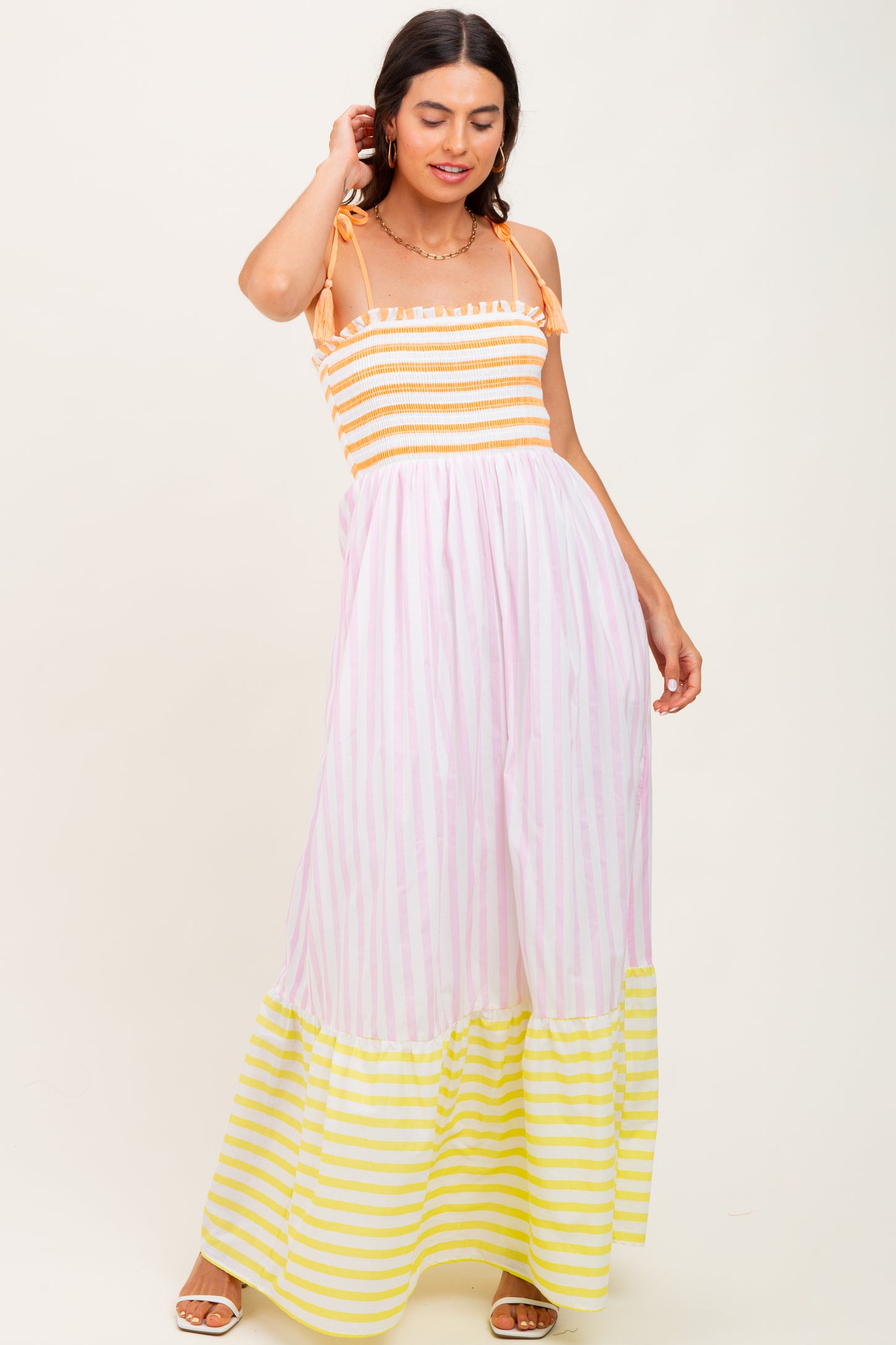 Multi-Color Striped Color Block Shoulder Tie Maternity Maxi Dress
