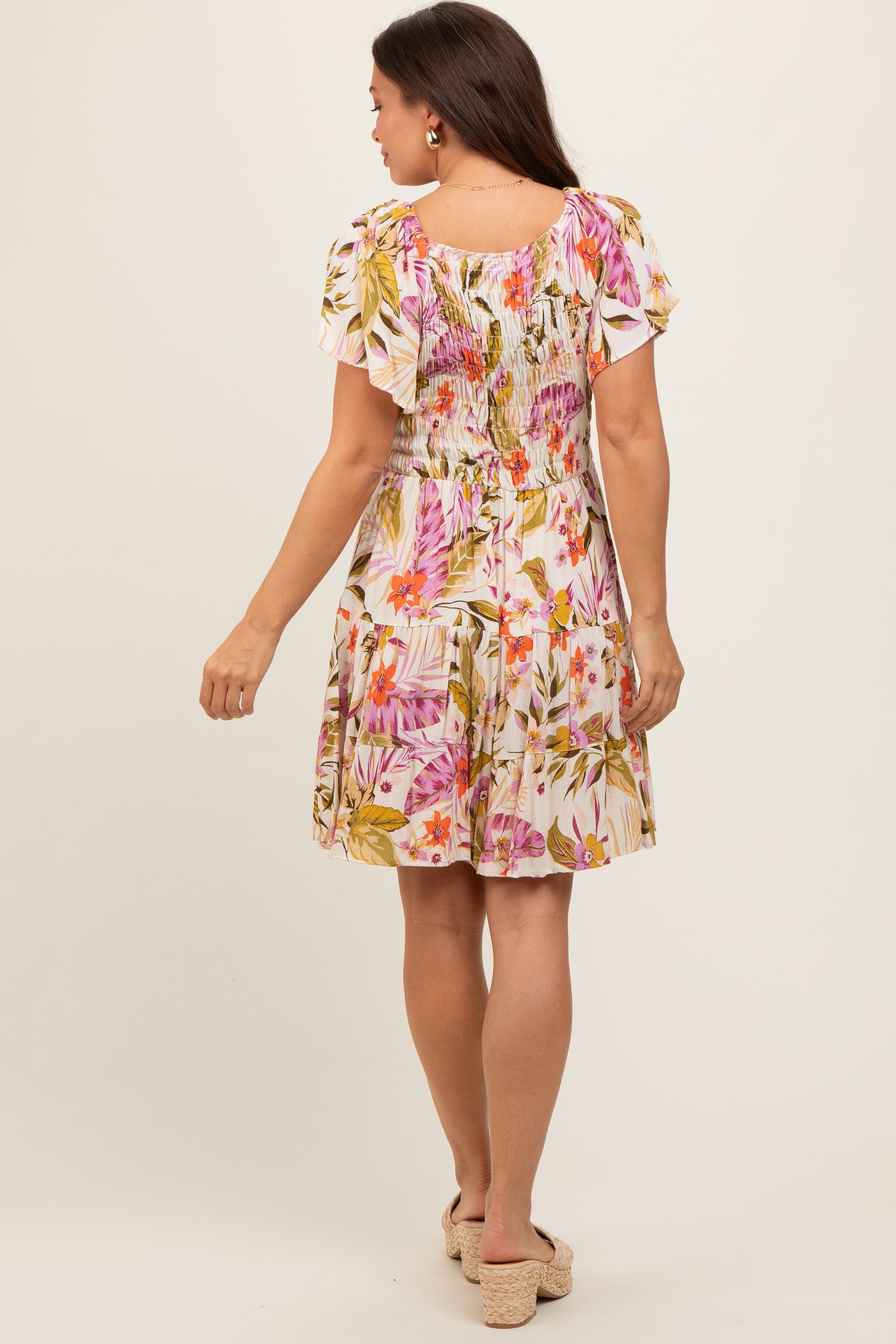 Ivory Floral Smocked Front Tiered Maternity Dress