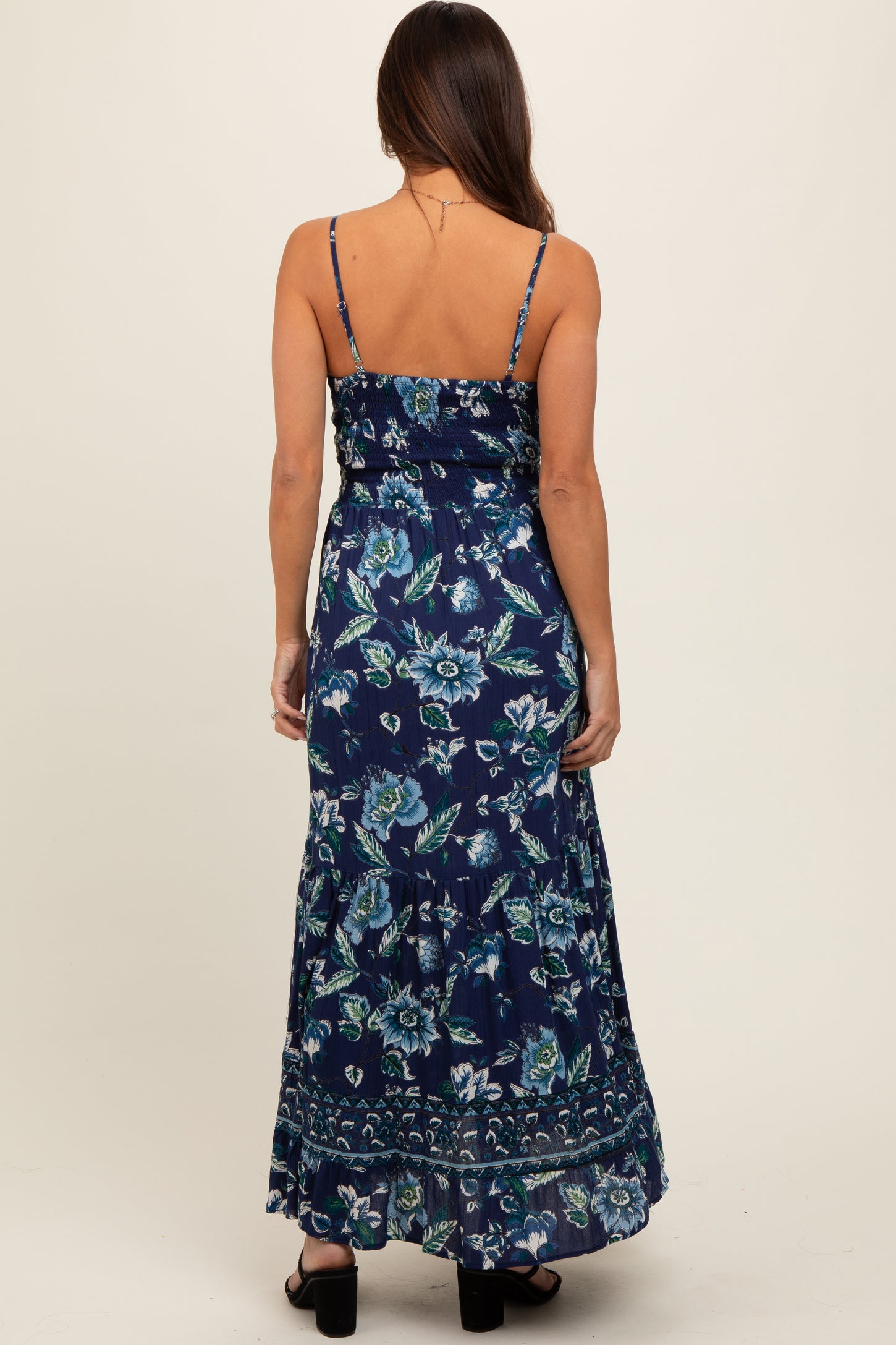 Navy Blue Floral Front Knot Twist Maternity Maxi Dress